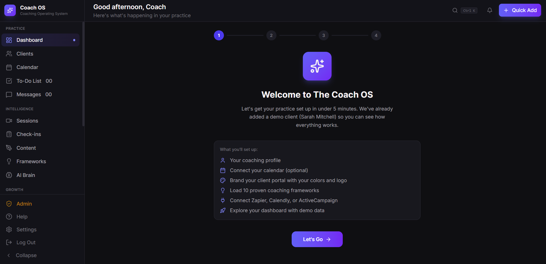 Coach OS dashboard showing client overview, session activity, goal completion, and practice analytics